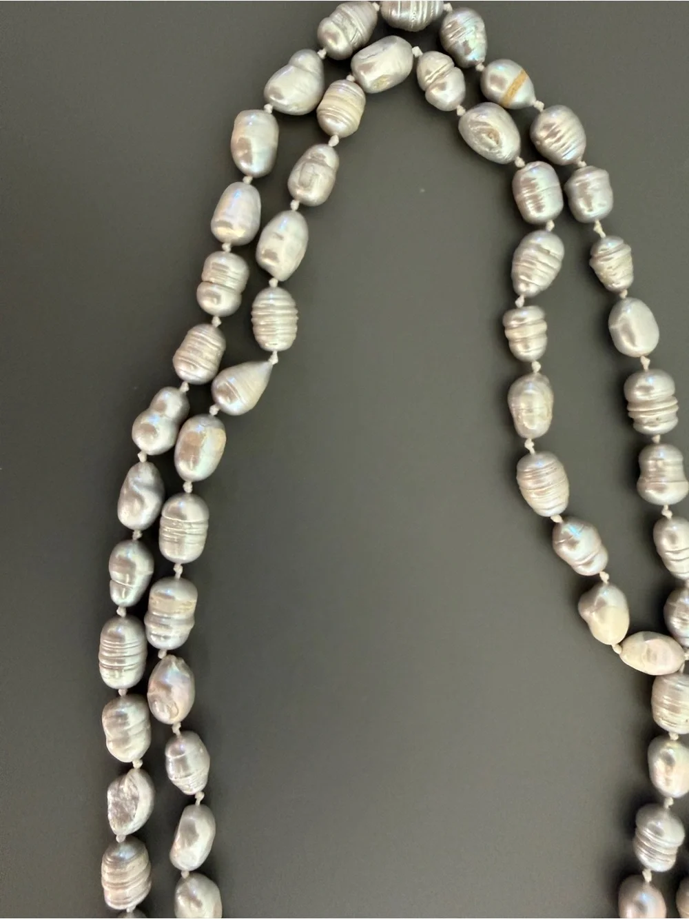 Long Gray Freshwater Baroque Pearl Necklace 48” Endless Knotted Strand